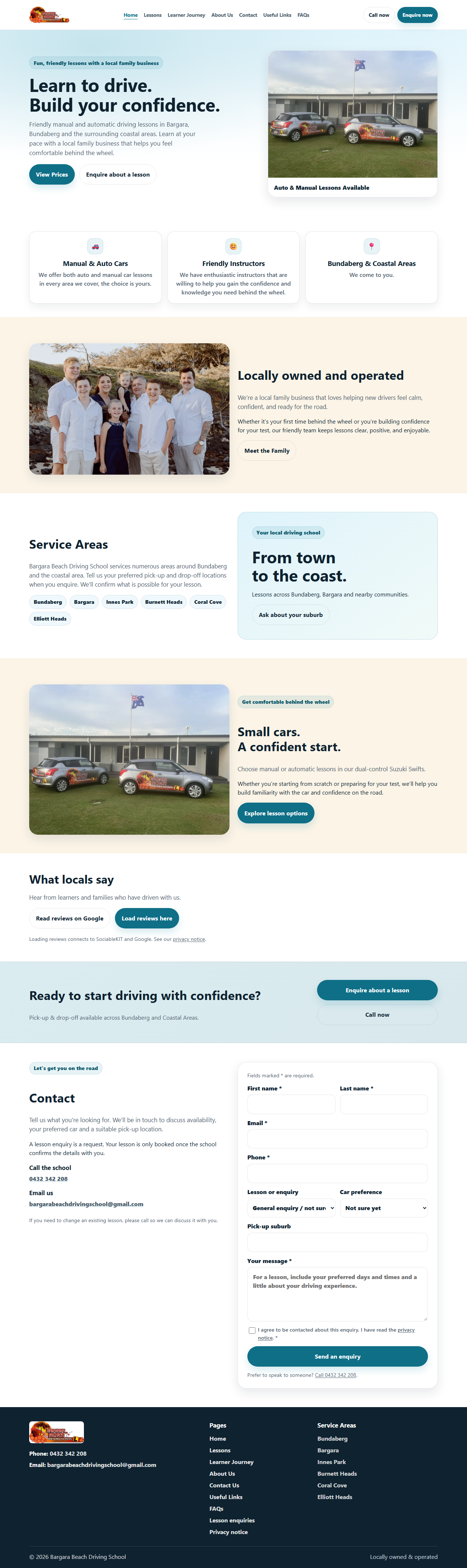 Real desktop screenshot of Bargara Beach Driving School website