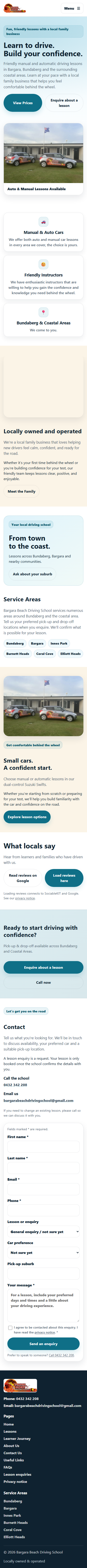Real mobile screenshot of Bargara Beach Driving School website